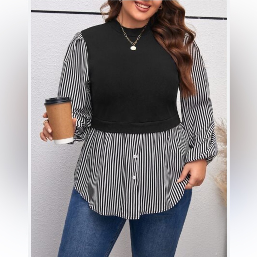 SHEIN Curve Essnce Plus Striped Print Top Lantern Sleeve 2 in 1 top Black Sz 2XL